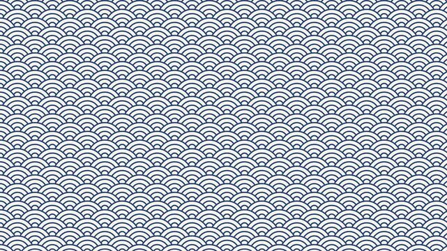 Seamless looping Japanese traditional seigaiha wave pattern moving slowly to the left, indigo blue and off white animated background
