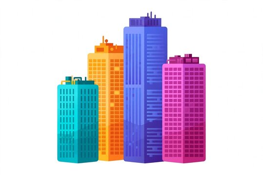 Cluster of colorful skyscrapers, flat vector illustration isolated on white
