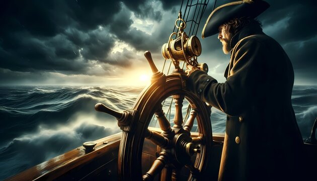 A dramatic, cinematic shot of a sailor at the helm of a classic wooden ship, holding a brass sextant, with the vast, stormy ocean ahead and a compass on the wheel, Ai generated image