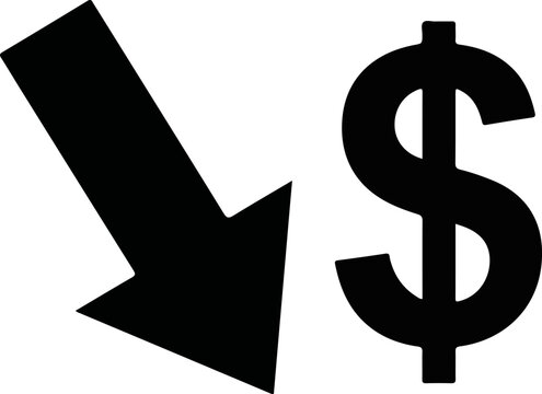 Financial decline icon with arrow pointing down and dollar sign, cost reduction vector graphic, black dollar price drop graphic for business isolated on White Background EPS