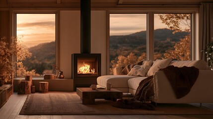 Naklejka premium Cozy autumn living room interior with fireplace, comfortable sofa, and scenic mountain view window