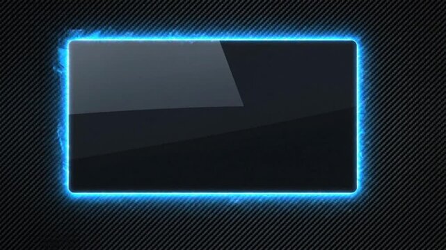 Black screen with glowing blue neon border frame on dark carbon fiber texture background for digital display template