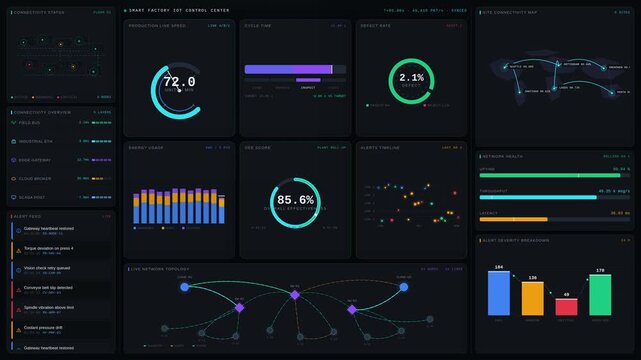 Ultra-premium 4K dark mode smart factory IoT control center dashboard with live telemetry, alerts, and connectivity status for commercial creative technology and business use.