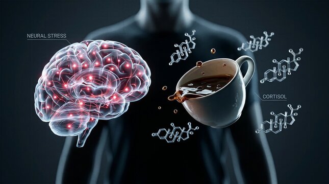 Coffee caffeine impact on brain stress cortisol chemical hormone molecule concept