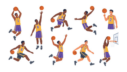 Basketball player athletes vector cartoon character illustration set. Men playing sports game, jersey uniform, slam dunk, dribbling ball, spinning, jumping, backboard hoop and active match elements. ©  SULTANA