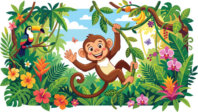 Cute Cartoon Monkey Swinging on Jungle Liana and Tropical Rainforest Border Graphic Featuring Kawaii Waving Monkey Mascot, Toucan, Exotic Orchids, Hibiscus Flowers