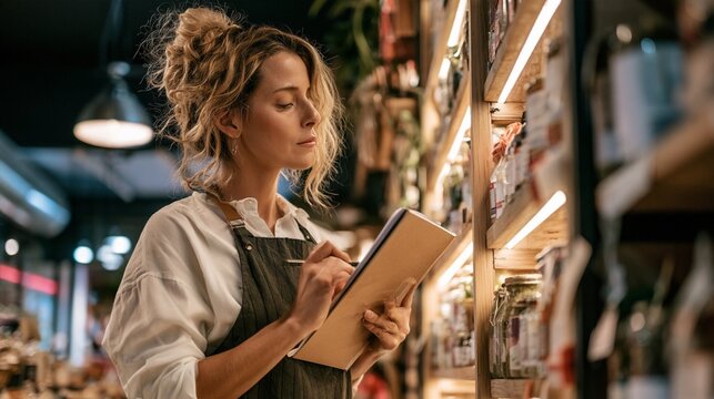 Store Owner Managing Inventory and Checking Products on Shelves