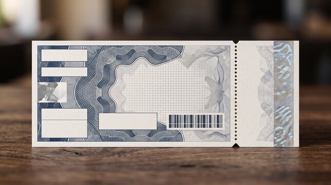 Blank event ticket mockup with barcode on wood table, ideal for concert pass design, voucher presentation, branding, and event promo