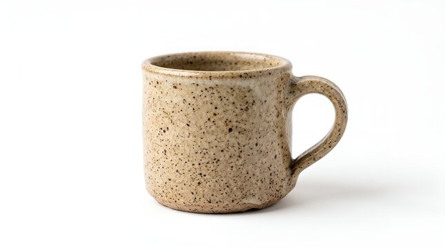 Rustic handmade ceramic coffee mug isolated on white background.