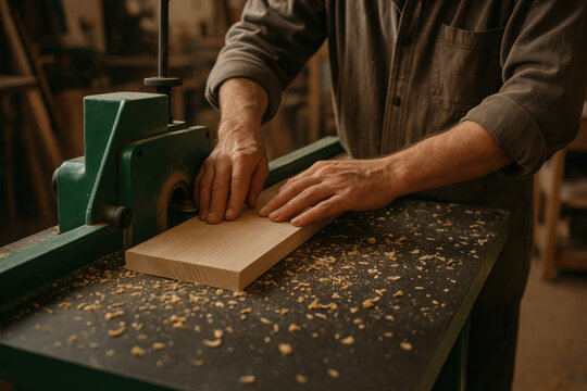 Carpenter hands guiding wooden plank through router table, wood shaving scattered across workshop surface, candid craft skill detail