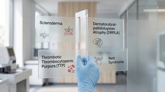 Gloved hand touching medical diagnostic glass panels with rare diseases names in modern laboratory setting