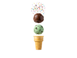 Fototapeta premium .Ultra-realistic deconstructed floating ice cream cone with mint chocolate chip, dark chocolate fudge, waffle cone, and rainbow sprinkles on a white background.