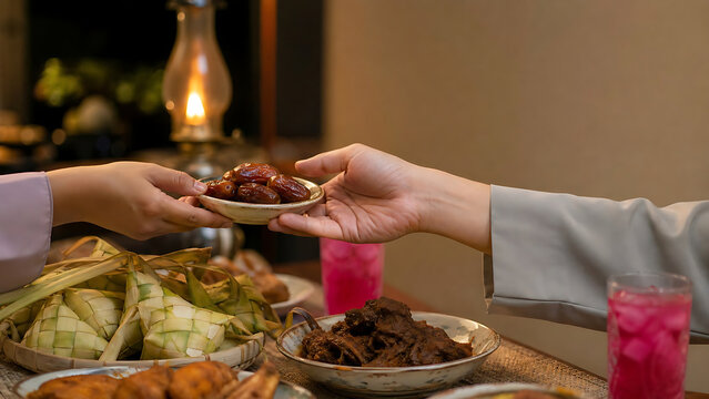 Hands passing dates at Malay iftar table with ketupat and rendang