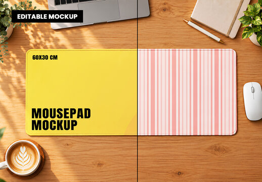Editable Mouse Pad Mockup Template on Wooden Desk