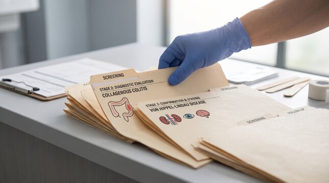 Medical professional reviewing patient diagnostic files for collagenous colitis and Von Hippel-Lindau disease