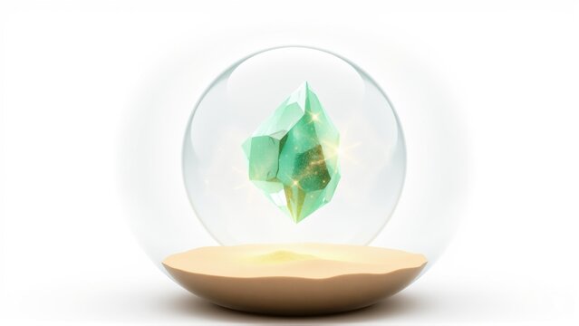 Glowing emerald crystal floats inside glass dome. Beige base supports sphere. Light sparkles, creating ethereal effect. Minimalist composition.
