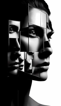 A stark, high-contrast portrait of a face, fragmented by the use of mirrors, creating multiple reflections and a surreal, cubist-like effect, Ai generated image