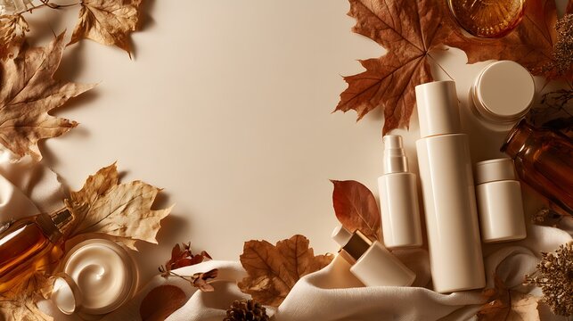 Flat lay of autumn cosmetics products with dry leaves on beige background