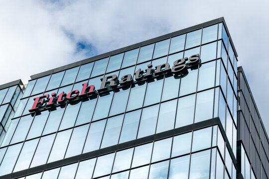 London. UK- September 23.2026. A close up of the Fitch Ratings name sign on the company's European operations offices in Canary Wharf.