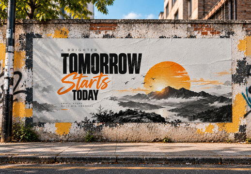 Realistic Outdoor Billboard Mockup On Vintage Brick Wall
