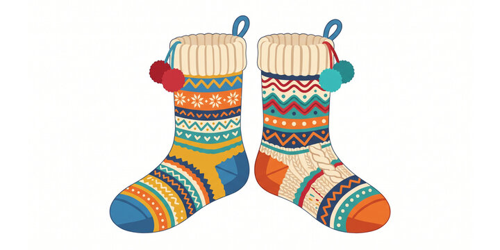 Colorful Vector Cozy Pair of Wool Socks for Winter Isolated on White Background