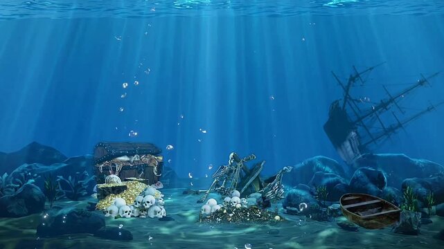 underwater ocean treasure coral, with sunken shipwreck, skeletons and glowing jellyfish animation composite 4k.