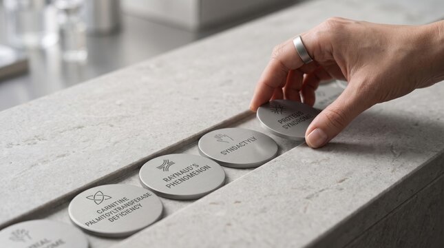 Hand placing metal medical tokens for Proteus syndrome and syndactyly diagnosis on stone surface
