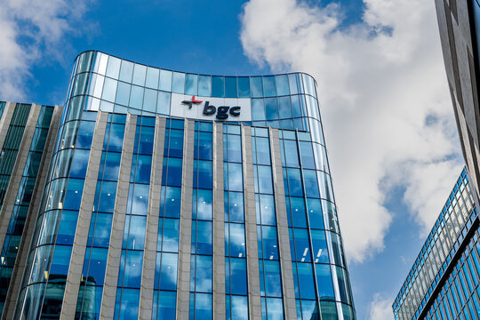 London. UK- September 23.2026. A street view of the name sign and logo of the American global financial services company BGC group headquarters building in Canary Wharf.