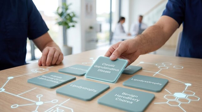 A person is selecting a blue square tile labeled chronic granulomatous disease on a wooden table with other disease tiles and neural network graphics