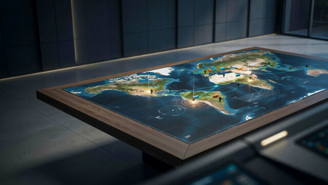A futuristic interactive digital world map table displayed in a high-tech modern command center with glowing location pins