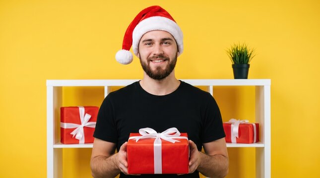 Smiling young man wearing a santa hat happily holds a red gift against a bright yellow background