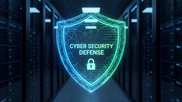 Digital Shield with Cyber Security Defense Text and Padlock Icon in Server Room
