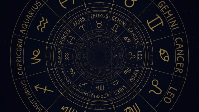 Golden zodiac wheel infinite tunnel with repeating star signs
