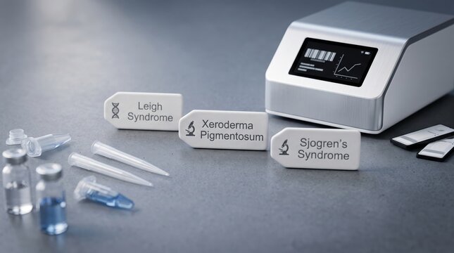 Diagnostic laboratory equipment with sample tags for leigh syndrome xeroderma pigmentosum and sjogren syndrome on sterile gray surface