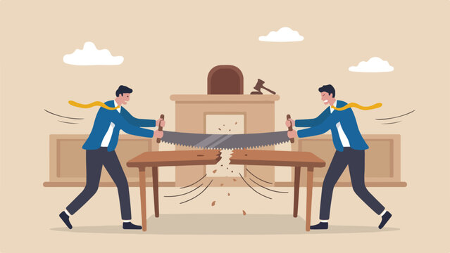 Legal dispute lawsuit courtroom settlement conflict concept two angry business partners sawing office conference table in half with large two man saw clean minimal flat vector illustration