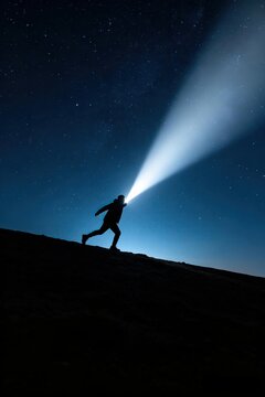 Silhouette of a running man shining a bright flashlight forward against a starry night sky on a hill exploring forward direction and personal ambition concept