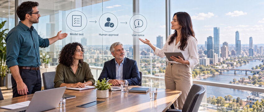 Office team discussing model testing and human approval workflow