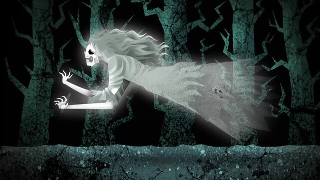 female banshee ghost flying rapidly through a dark forest at night