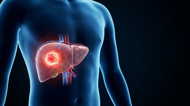 Anatomical human liver model with glowing focal nodular tumor in male body