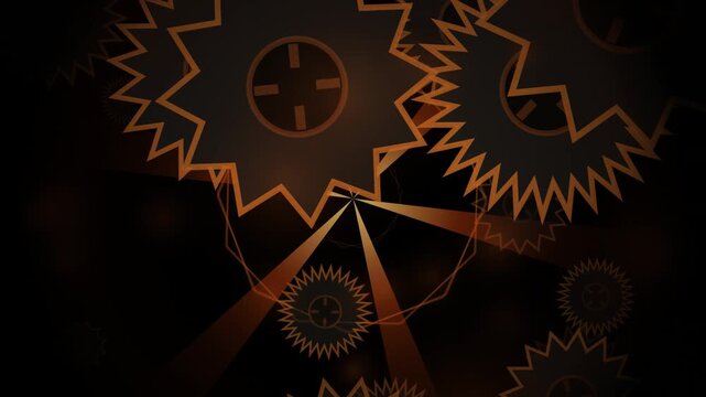 Industrial gears rotating with abstract light flares during technological process