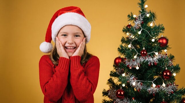 Joyful little girl wearing a santa hat smiles brightly next to a decorated christmas tree on a golden background