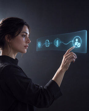 Woman interacting with a cyan provenance and approval interface