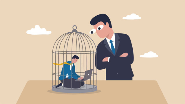 Micromanagement surveillance loss of freedom concept unhappy businessman working inside small birdcage while boss watches from outside clean minimal flat vector illustration