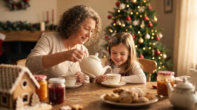 Grandmother and granddaughter share a heartwarming moment pouring tea during a cozy christmas morning celebration
