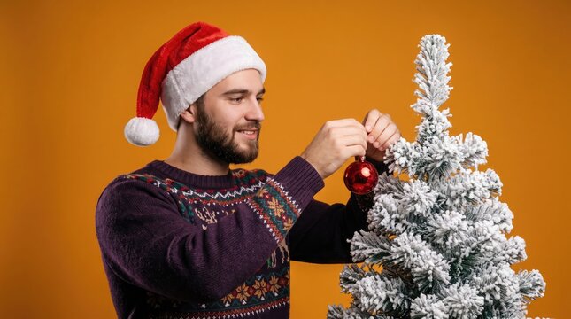 Young man wearing a santa hat decorates a silver christmas tree against a warm orange background