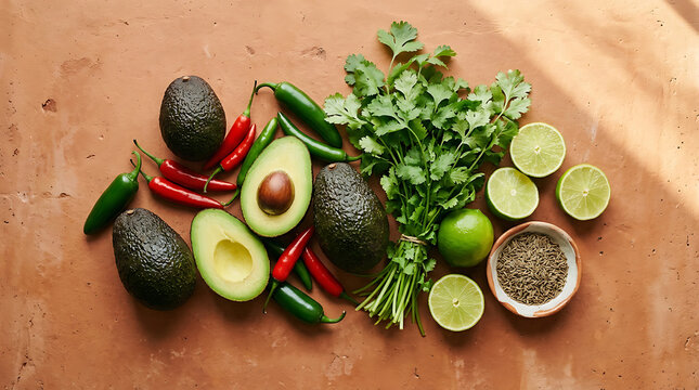 Overhead View of Fresh Mexican Cooking Ingredients with Avocado