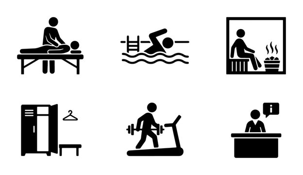 Gym and wellness icons set with massage, swimming, sauna, locker room, treadmill and reception