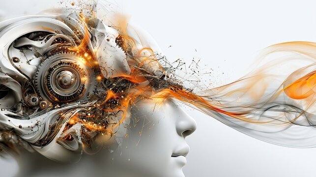 Abstract Representation of Human Mind with Mechanical Elements and Vibrant Flowing Energy in Artistic Composition