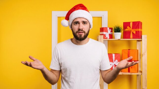 Confused man wearing a santa hat stands in a doorway with gifts and festive decorations