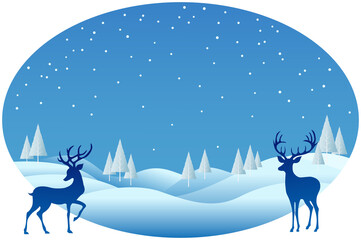 Winter landscape illustration in an oval frame with two silhouettes of blue deer or stags with elegant antlers on the left and right sides, and a gradient blue sky filled with falling white snowflakes © Anita Permatawaty